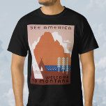 See America Welcome to Montana, Vintage Travel Tシャツ<br><div class="desc">ヴィンテージイラストレーションアメリカ合衆国アメリカ合衆国モンタナからの旅行ポスターは、先住民アメリカインディアンのテエペ、山、湖、木々を特集。文字読：アメリカ、ようこそモンタナ、州旅行局統一された。</div>