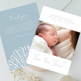See You Soon Chic Dusty Blue Photo Baby Shower サンキューカード