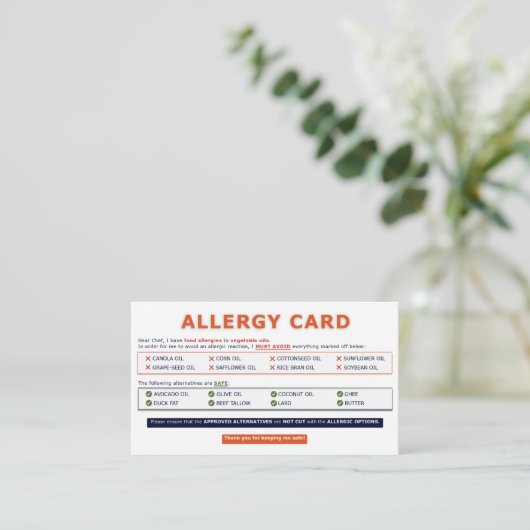 Seed Oil Allergy Card 名刺 (スタンド正面)
