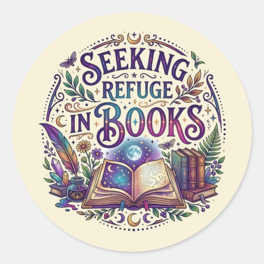 Seeking Refuge in Books Whimsical Celestial Mystic ラウンドシール (正面)