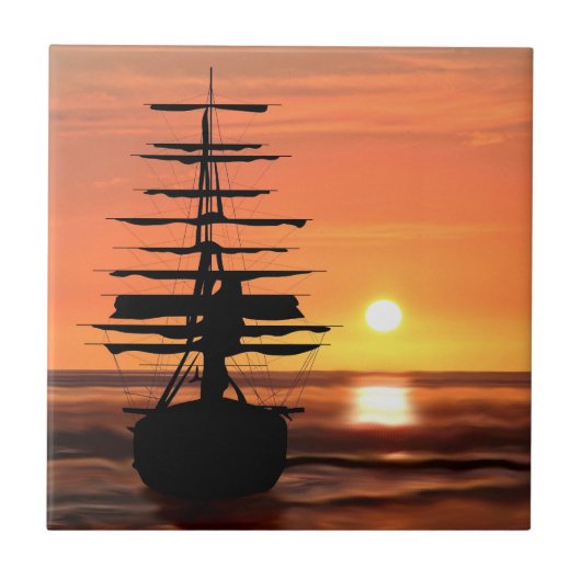 Segelschiff mit Sonnenaufgang Fliese タイル (正面)