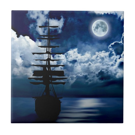 Segelschiff mit Vollmond Fliese タイル (正面)