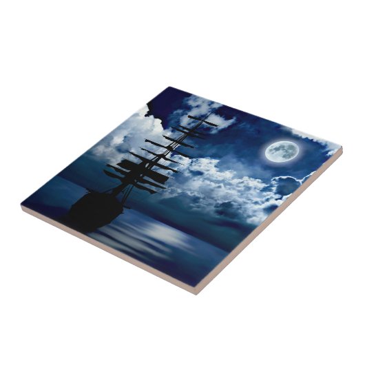 Segelschiff mit Vollmond Fliese タイル (側面)