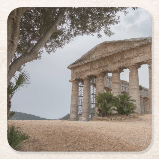 Segesta、シシリーのギリシャの寺院 スクエアペーパーコースター (正面)