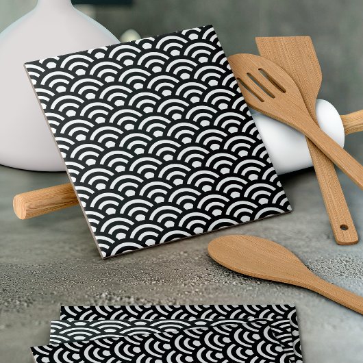 Seigaiha, Waves, Japanese, Black and White タイル