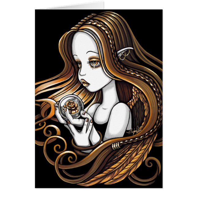 "Seika"のこはく色のバラのクリスタル・ボールの天使カード (正面)