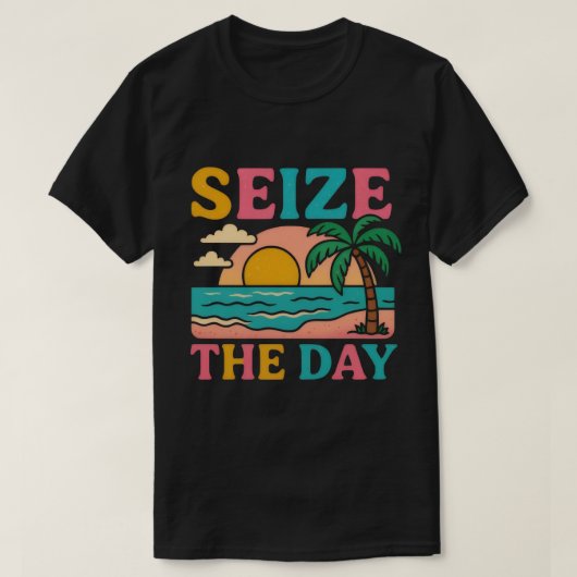 SEIZE THE DAY Glitter Typography Tropical Sunset Tシャツ (デザイン正面)