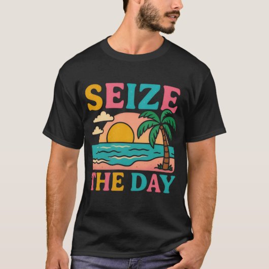 SEIZE THE DAY Glitter Typography Tropical Sunset Tシャツ (正面)