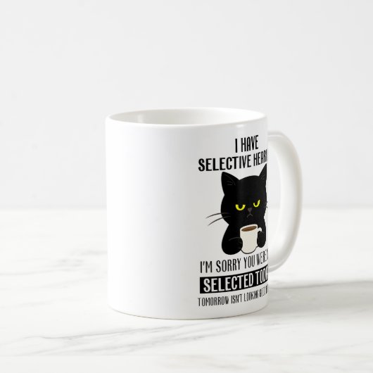 Selective Hearing – Grumpy Black Cat Coffee Humor コーヒーマグカップ (正面右)