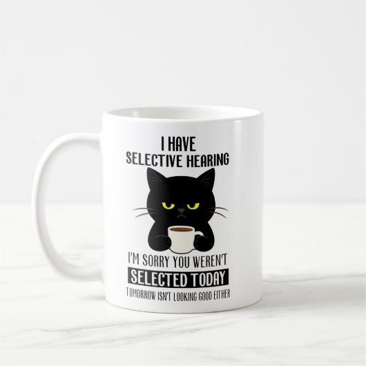 Selective Hearing – Grumpy Black Cat Coffee Humor コーヒーマグカップ (左)