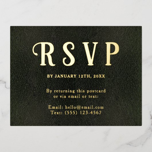 Self Addressed RSVP Vintage Dark Green Gold 箔シーズンポストカード (正面)