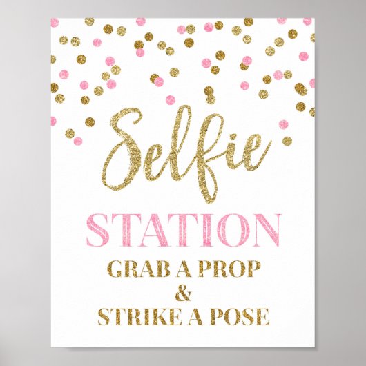 Selfie Station Wedding Sign Gold Pink Confetti ポスター (正面)