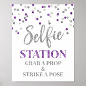 Selfie Station Wedding Sign Purple Silver Confetti ポスター (正面)