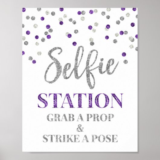 Selfie Station Wedding Sign Purple Silver Confetti ポスター (正面)