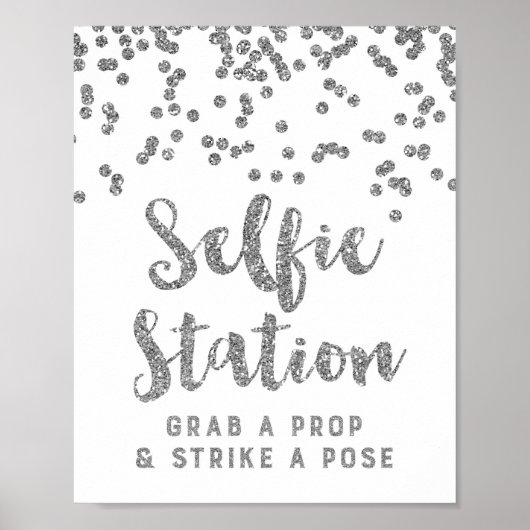 Selfie Station Wedding Sign Silver Confetti ポスター (正面)
