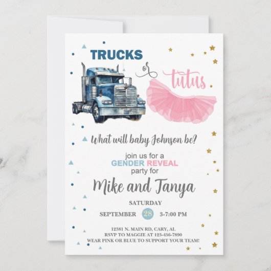 Semi Trucks or Tutus gender reveal invitation. 招待状 (正面)