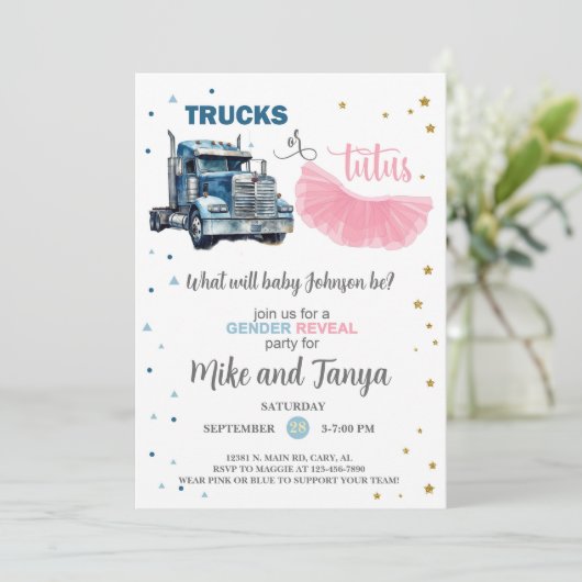 Semi Trucks or Tutus gender reveal invitation. 招待状 (スタンド正面)