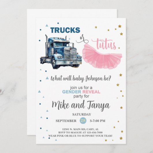 Semi Trucks or Tutus gender reveal invitation. 招待状 (正面/裏面)