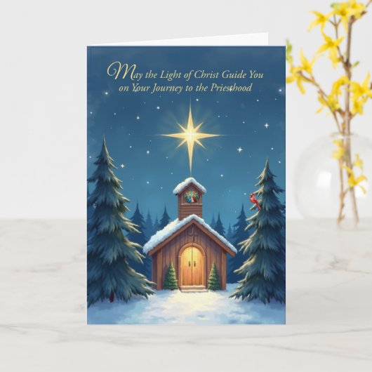 Seminarian Christmas Blessings Snowy Chapel Star カード (黄色い花)