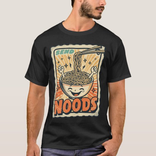 Send Noods - Funny Noodle Pun Retro Stamp Design Tシャツ (正面)