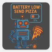 Send Pizza Robot Battery 5% Gaming Foodie Funny スクエアシール (正面)