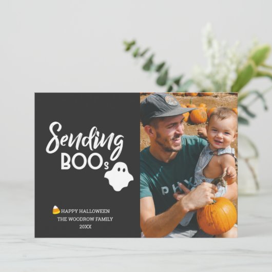 「Sending Boo's」キャンディとカスタムのハロウィーン写真 カード (スタンド正面)