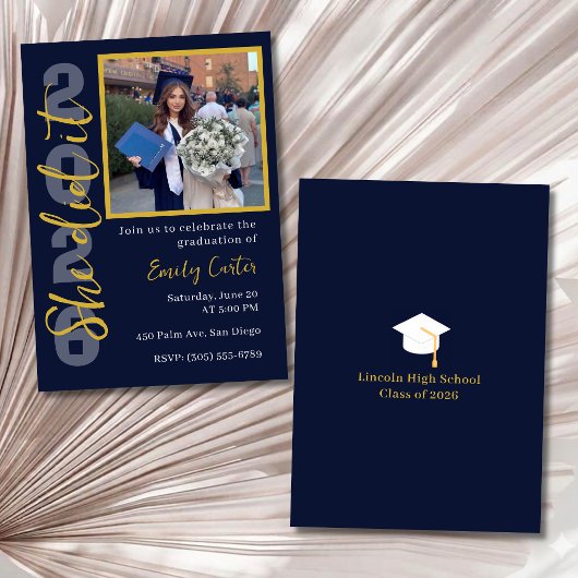 Senior 2026 Graduation Photo Invitation Navy Gold 招待状
