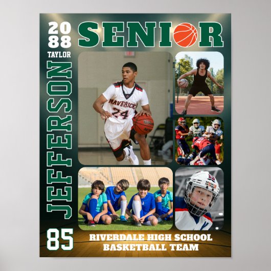 Senior Basketball Team Sports Custom Photo Collage ポスター (正面)