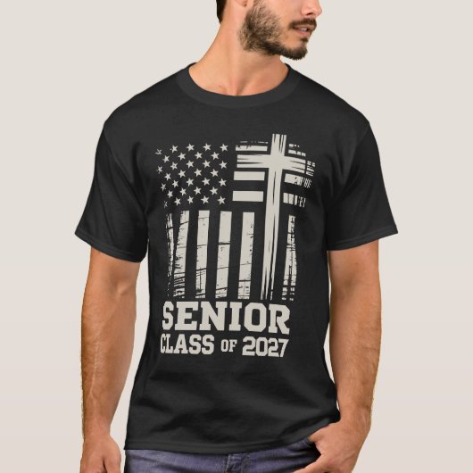 Senior Class Of 2027 USA Flag Cross Christian Grad Tシャツ (正面)