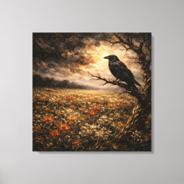 Sentinel of the Meadow: Stormy Raven & Wildflowers キャンバスプリント