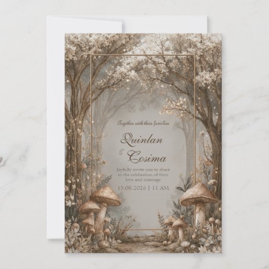 Sepia Bronze Mushroom Enchanted Forest Wedding 招待状 (正面)