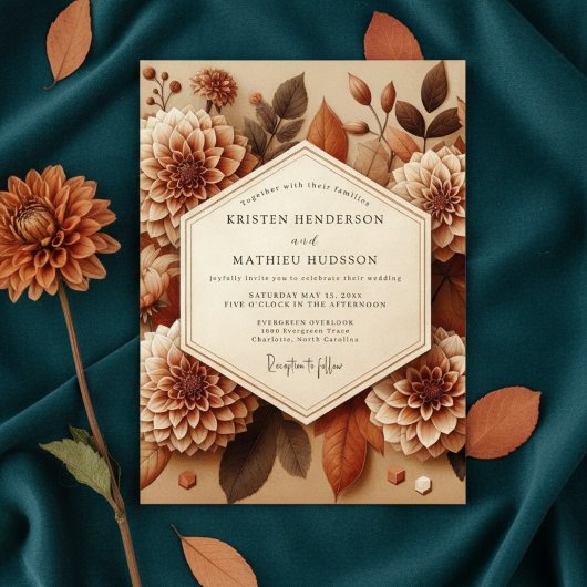 Sepia Dahlia Autumn Romance Wedding 招待状