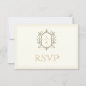 Sepia floral crest monogram QR code wedding 出欠カード (正面)
