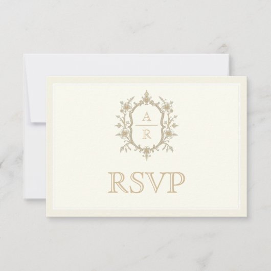 Sepia floral crest monogram QR code wedding 出欠カード (正面)