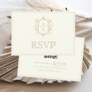 Sepia floral crest monogram QR code wedding 出欠カード