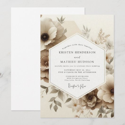 Sepia Floral Romance Wedding 招待状 (正面/裏面)