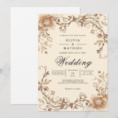 Sepia Floral Scroll Arch Wedding 招待状 (正面/裏面)