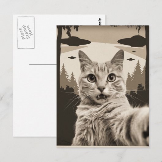 Sepia Funny Kitty and UFOs ポストカード (正面/裏面)