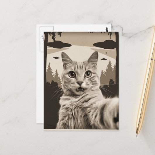 Sepia Funny Kitty and UFOs ポストカード (正面/裏面インサイチュ)