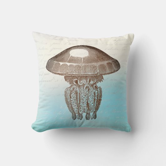 Sepia Man O War on Sky Blue and White with 書's クッション (正面)