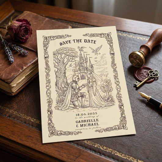 Sepia Medieval Illustration Fairytale Wedding  セーブザデート