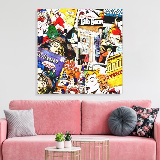 Sepia Romance Comic Book Cover Jumble Collage キャンバスプリント (インサイチュ (リビング))