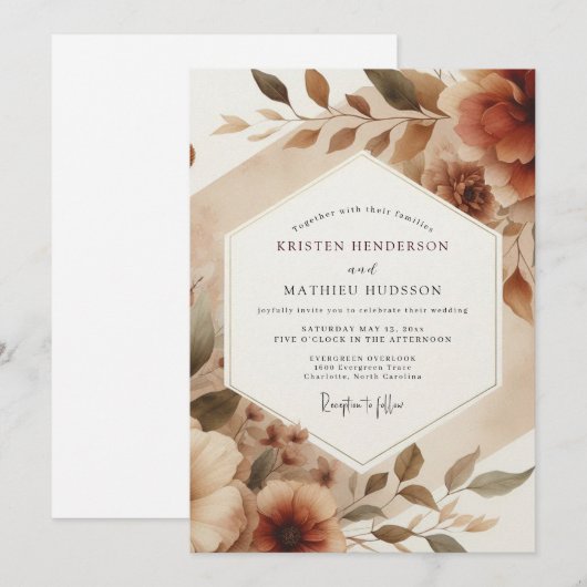 Sepia Romantic Bloom Wedding 招待状 (正面/裏面)