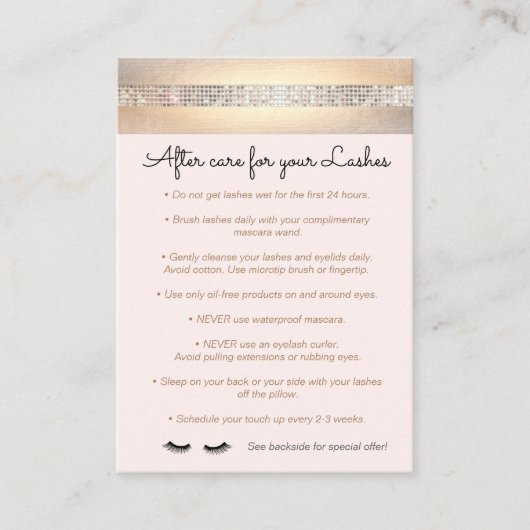 Sequinまつ毛エクステンションのアフターケアの説明 紹介カード (正面)