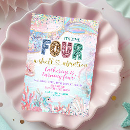 sequin glitter Four Shellebarate Girl birthday inv 招待状
