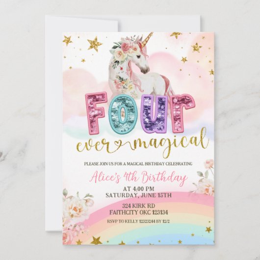 Sequin glitter Magical Unicorn 4th birthday 招待状 (正面)