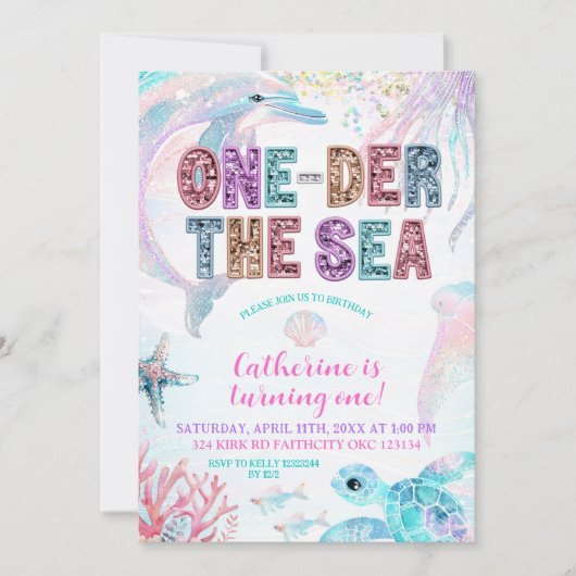 sequin glitter ONEder the sea birthday invitation 招待状 (正面)