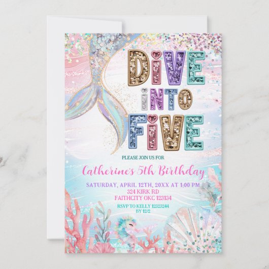 Sequin Glitters Dive into five mermaid bash Birthd 招待状 (正面)