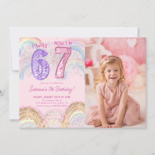 Sequin Rainbow Six Seven 67 Birthday Photo 招待状 (正面)