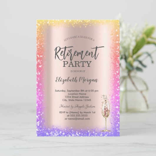 Sequins Colorful Frame Rose Gold Retirement  招待状 (スタンド正面)